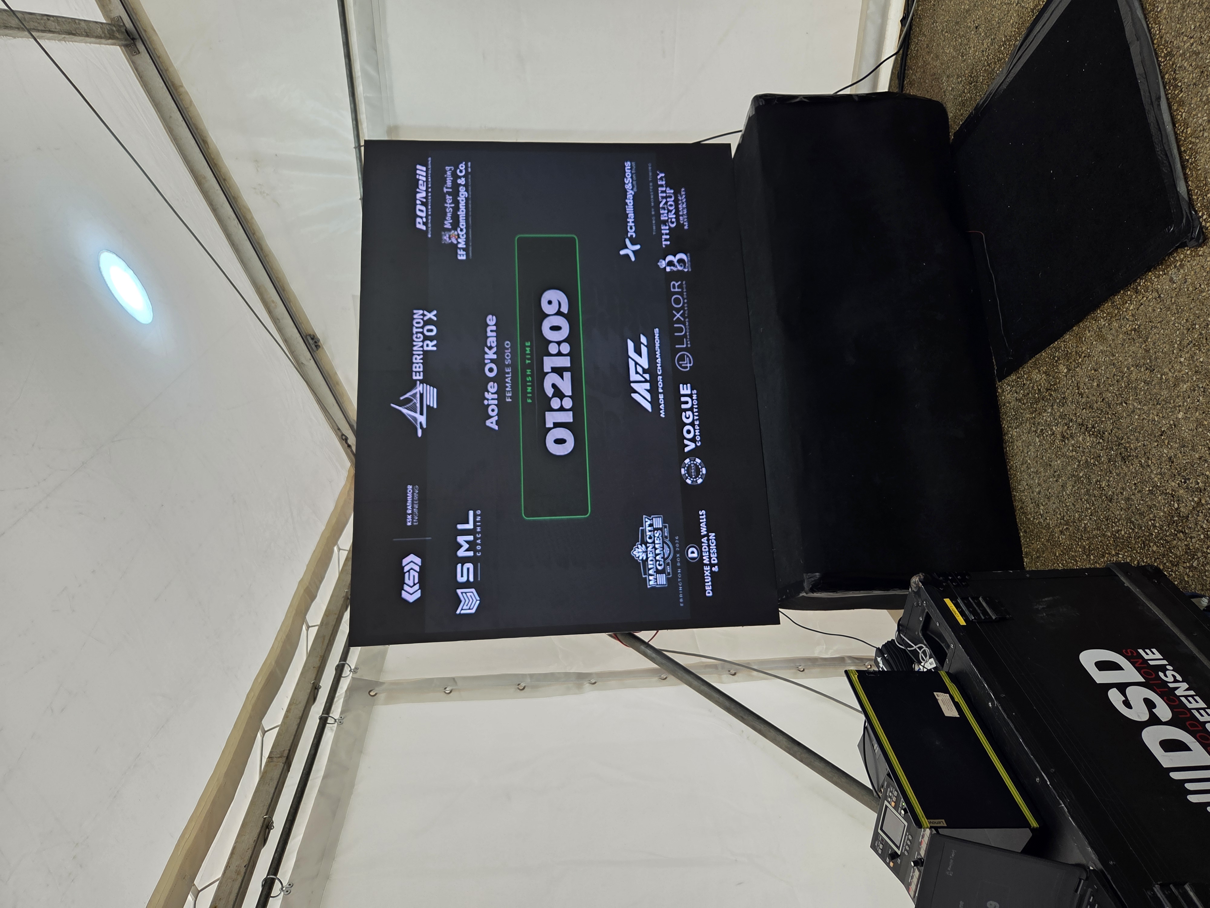 Ebrington ROX athlete finish-time screen and result collection area