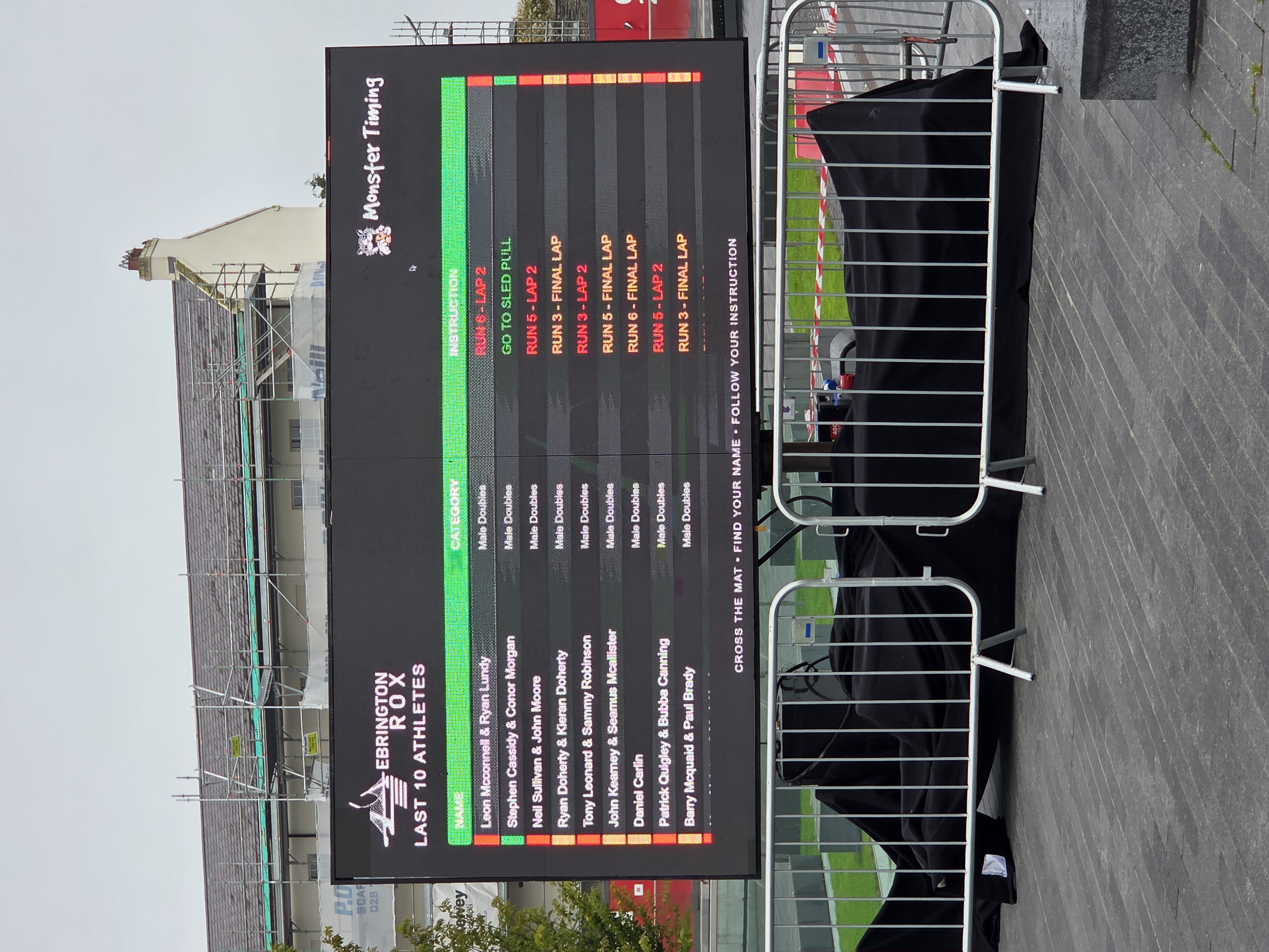 Ebrington ROX live athlete instruction board showing lap and station directions