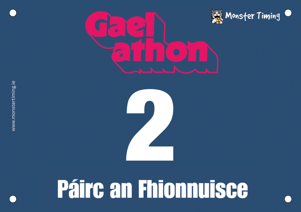 Front of Gaelathon bib number 2 with the Irish name Páirc an Fhionnuisce