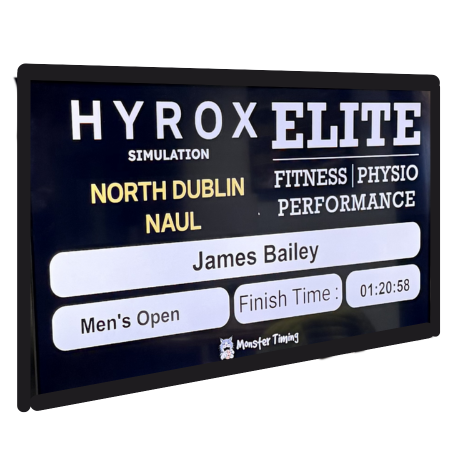 Hyrox finish screen showing an athlete's name, category, and official finish time