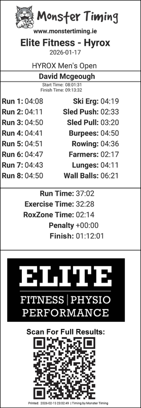 Printed Hyrox finisher results slip with run and station splits and a QR code